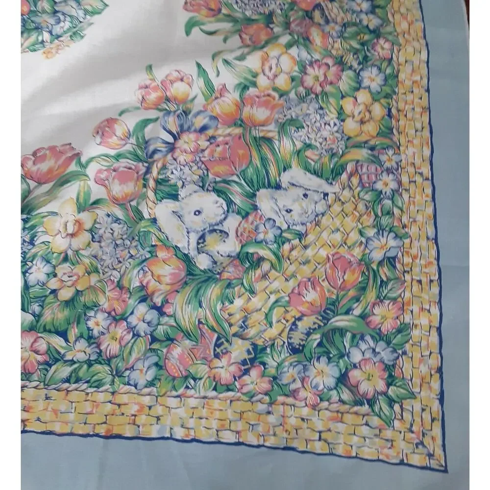 Easter Tablecloth Bunnies Baskets Chicks Eggs 51x52 Floral Cheerful